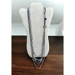 Lucky Brand Skeleton Key Multi Chain Necklace Antique Silver Tone 36"